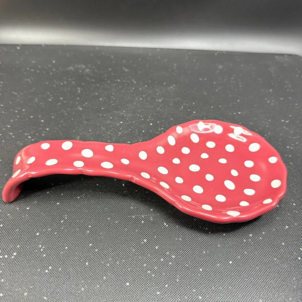 The Pioneer Woman Burgundy Polka Dot Ceramic Spoon Rest Scalloped Edge Stoneware
